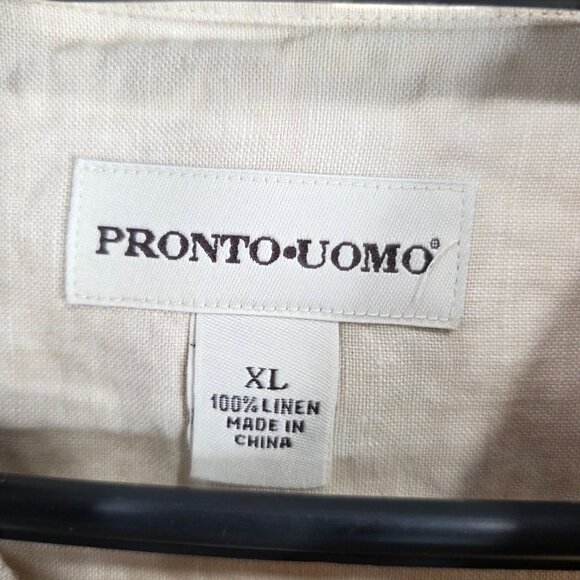 Mens Pronto Uomo Beige Striped Shirt 100% Linen Button Up Short Sleeve Size XL - Picture 2 of 7